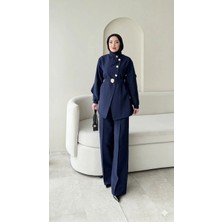Miraydin Butik Hare Taşlı Belden Bağlamalı Pantolonlu Takım - Lacivert