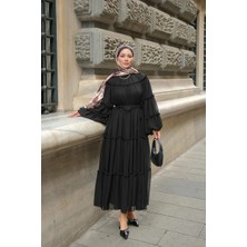 Miraydin Butik Bağcık Detaylı Fırfırlı Şifon Elbise - Siyah