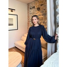 Miraydin Butik Kat Kat Büzgülü Kemer Detaylı Şifon Elbise - Lacivert