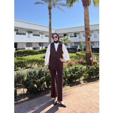 Miraydin Butik Double Kumaş Tek Düğme Yelek ve Pantolon Takım - Koyu Kahverengi