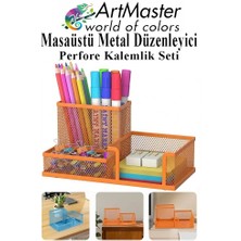 ArtMaster Turuncu Masaüstü Metal Kalemlik Seti 3 Lü Kombo 1 Paket Fileli Perfore Renkli Kalemlik Kağıtlık Küpnotluk Düzenleyici