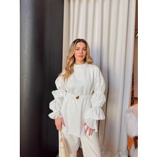 Miraydin Butik Kadın Balon Kol Detaylı Kuşaklı Gömlek M81289 - Beyaz