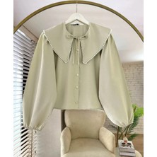 Miraydin Butik Kadın Etek Üstü Bebe Yaka Incili Yeşil Gömlek