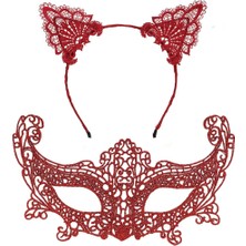 Bucuks Mey Ithalat® Romantik Kırmızı Dantel Maske Seti – Kedi Kulaklı Taç ve Maske 3 No