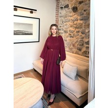 Miraydin Butik Kat Kat Büzgülü Kemer Detaylı Şifon Elbise - Bordo