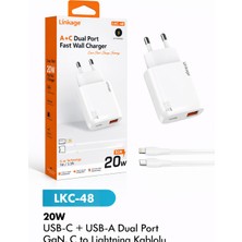 Azurtech Lkc-48 20W Hızlı Şarj Aleti Usb-C + Usb-A Çift Port C To Lightning Kablolu