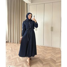 Miraydin Butik Belden Bağlamalı Yaka Pat Detaylı Denim Elbise - Lacivert