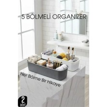 Bucuks Mey Ithalat® 5 Bölmeli Banyo ve Makyaj Organizer Kutusu Gri & Beyaz 2’li Set  Tezgah Üstü Düzenleyici