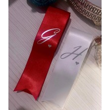 Nuksoc Nişan Düğün Kalp Detaylı Parlak Baskılı Kırmızı Beyaz Gelin Damat Takı Kurdelesi