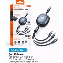 Azurtech Lkcb-65 3’ü 1 Arada Şarj Kablosu 100W Pd Hızlı Şarj Geri Çekilebilir (Type-C / Lightning / Micro Usb)