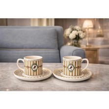 Tediks Vintage Çizgili Kuş Desenli 2'li Kahve Fincanı Seti – Şık Tabaklı Fincan Takımı