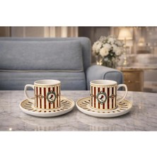 Tediks Vintage Çizgili Kuş Desenli 2'li Kahve Fincanı Seti – Şık Tabaklı Fincan Takımı