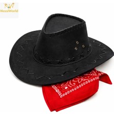 Bucuks Mey Ithalat® Çocuk Kovboy Şapka Siyah &amp; Kırmızı Bandana Seti