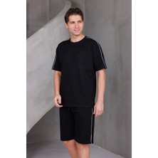 Dark Moda Erkek Şeritli Oversize Alt-Üst 2 Iki Iplik Kompakt Şort Takımı