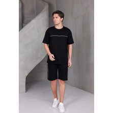 Dark Moda Erkek Garnili Şeritli Oversize Alt-Üst 2 Iki Iplik Kompakt Şort Takımı