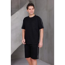 Dark Moda Erkek Şeritli Oversize Alt-Üst 2 Iki Iplik Kompakt Şort Takımı