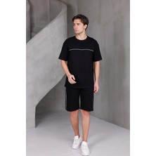 Dark Moda Erkek Garnili Şeritli Oversize Alt-Üst 2 Iki Iplik Kompakt Şort Takımı