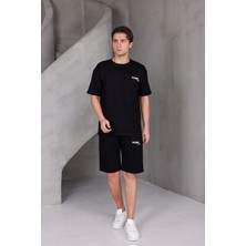 Dark Moda Erkek Baskılı Oversize Alt-Üst 2 Iki Iplik Kompakt Şort Takımı