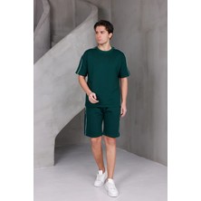 Dark Moda Erkek Şeritli Oversize Alt-Üst 2 Iki Iplik Kompakt Şort Takımı