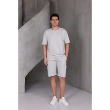 Dark Moda Erkek Şeritli Oversize Alt-Üst 2 Iki Iplik Kompakt Şort Takımı