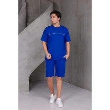 Dark Moda Erkek Garnili Şeritli Oversize Alt-Üst 2 Iki Iplik Kompakt Şort Takımı