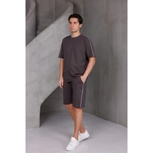 Dark Moda Erkek Şeritli Oversize Alt-Üst 2 Iki Iplik Kompakt Şort Takımı