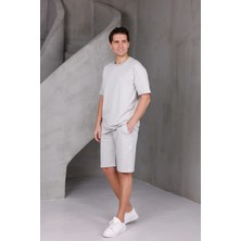 Dark Moda Erkek Garnili Şeritli Oversize Alt-Üst 2 Iki Iplik Kompakt Şort Takımı