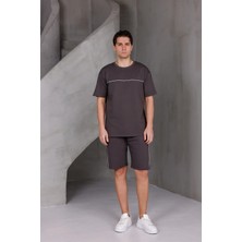 Dark Moda Erkek Garnili Şeritli Oversize Alt-Üst 2 Iki Iplik Kompakt Şort Takımı