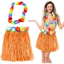Bucuks Mey Ithalat® Hawaii Luau Aloha Turuncu Püsküllü 40 cm Etek ve Hawaii Kolye Seti