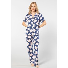 Türen Yaprak Desenli Kisa Kollu Gömlek Yaka Pijama Takimi 3355/LACIVERT