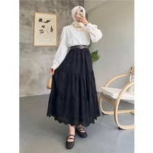 Modamorfo Parçalı Inci Detaylı Beli Lastikli Etek -Siyah