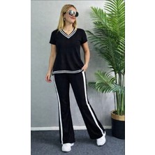 Kadın Kısa Kollu V Yakalı Viskon Iki Iplik Bluz ve Pantolon Ikili Takım