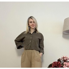 Cardella Kadın Çizgili Oversize Keten Gömlek – Tek Ebat Crop Salaş Gömlek