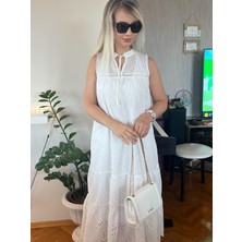 Cardella Kadın Beyaz Kolsuz Brode Elbise Fisto Işlemeli Elbise