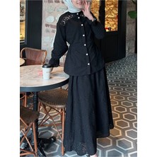 Modamorfo Belden Sıkmalı Omuzu Taş Detaylı Fistolu Takım  -Siyah