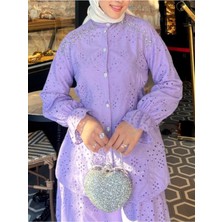 Modamorfo Belden Sıkmalı Omuzu Taş Detaylı Fistolu Takım  -Lila