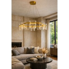 Vinner Modern Halka Cam Silindir Avize 70 cm Bronz Metal Gövde 8 Başlıklı Salon & Villa LED Avize