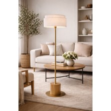 Vinner Atelier Naturel Ahşap Kaideli Bronze Gövdeli Modern Lambader Çift Katmanlı Krem Şapka