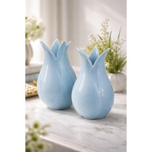 Es Dekor 2'li Mavi Seramik Lale Vazo  Dekoratif Büyük-Orta Boy 7x12 cm 8x14 cm Ev Ofis Çiçeklik Seti