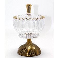 Eco Port Metal Ayaklı Kristal Cam Şekerlik Gold Detaylı Sunumluk ALK4871