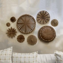 Noldecoration Tamamen Elişi Doğal Ahşap ve Naturel Jüt Karışımı Modern ve Rustik Dekoratif 9'lu Duvartabağı Seti