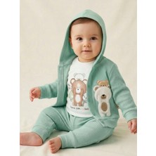 Lika&Nika %100 Pamuklu Kapşonlu Hırka Body ve Pantolon 3'lü Takım Ayıcık Baskılı