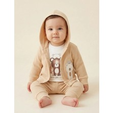 Lika&Nika %100 Pamuklu Kapşonlu Hırka Body ve Pantolon 3'lü Takım Ayıcık Baskılı