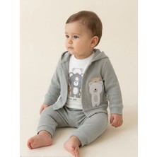 Lika&Nika %100 Pamuklu Kapşonlu Hırka Body ve Pantolon 3'lü Takım Ayıcık Baskılı