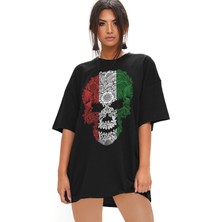 ROCKANDROLL Italyan Kurukafa Oversize Siyah Kadın Tişört