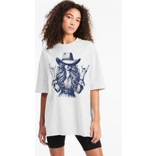 Rock&roll Şapkalı Kız Oversize Beyaz Kadın Tişört
