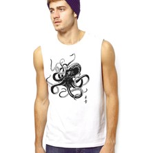 Rock&Roll Rock &roll Japon Ahtapot Beyaz Kesik Kol | Kolsuz Erkek Tshirt | Atlet