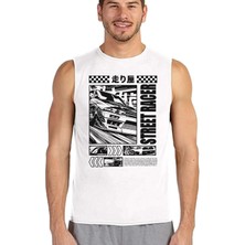 Rock&Roll Rock &roll Sokak Yarışcısı Beyaz Kesik Kol | Kolsuz Erkek Tshirt | Atlet