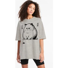 Rock&roll Kedi Fare Oversize Gri Kadın Tişört