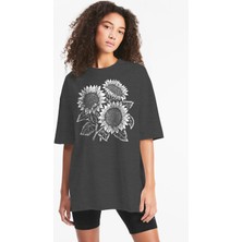 Rock&roll Yaz Çiçekleri Oversize Antrasit Kadın Tişört